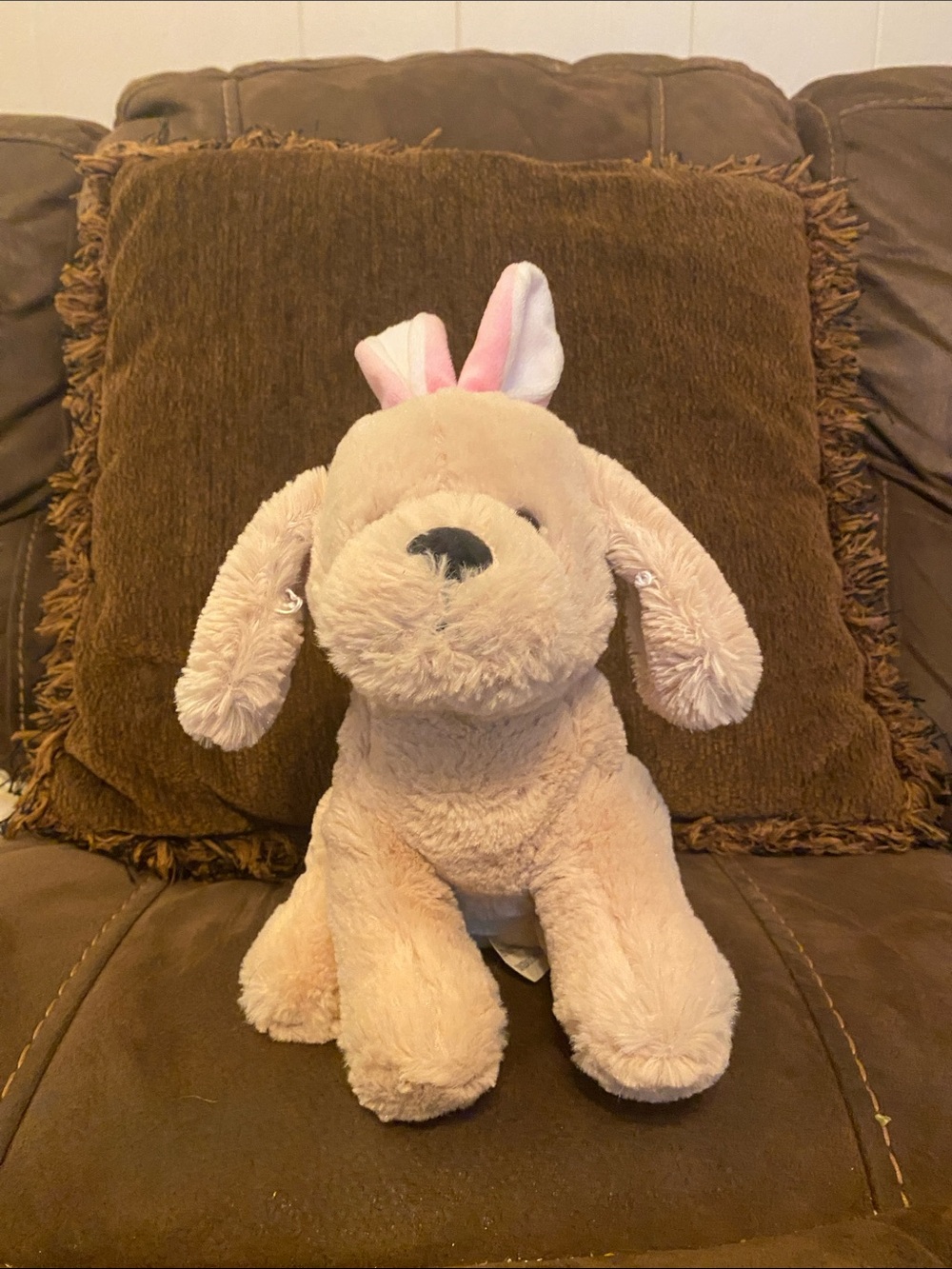 Plush Puppy with Pink Bunny Ears - Light Beige and Pink